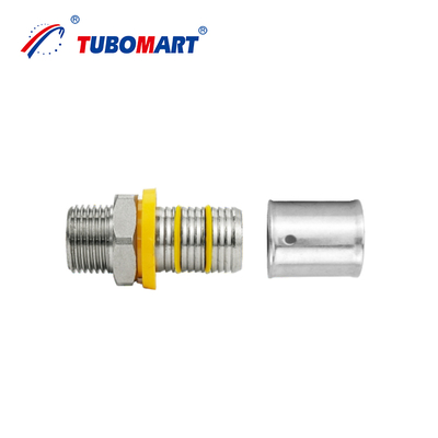Tubomart Kundenspezifische Unterstützung OEM Messing PEX AL PEX Fittings Gas-Sanitärsystem Gelb 16-32MM Muffe T-Stück Winkel